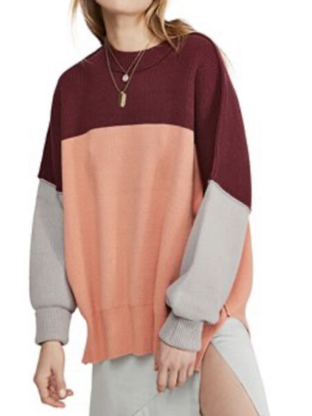 Free People Easy Street Color Block Slouchy Chunky Knit Crewneck Sweater S